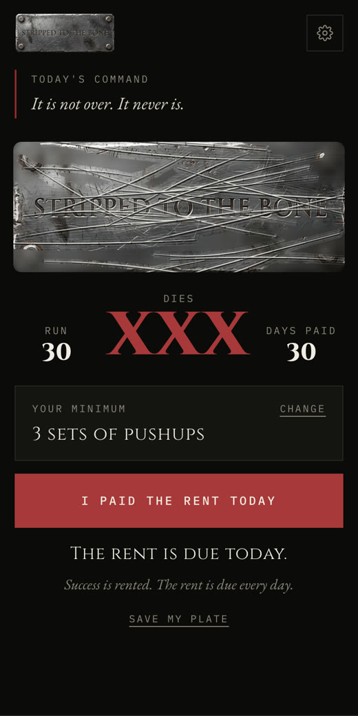 THE RENT app on day thirty: a heavily scratched steel plate above the Roman numeral XXX